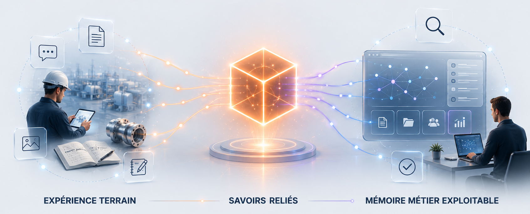 Schéma montrant le passage de l’expérience terrain aux savoirs reliés puis à la mémoire métier exploitable.